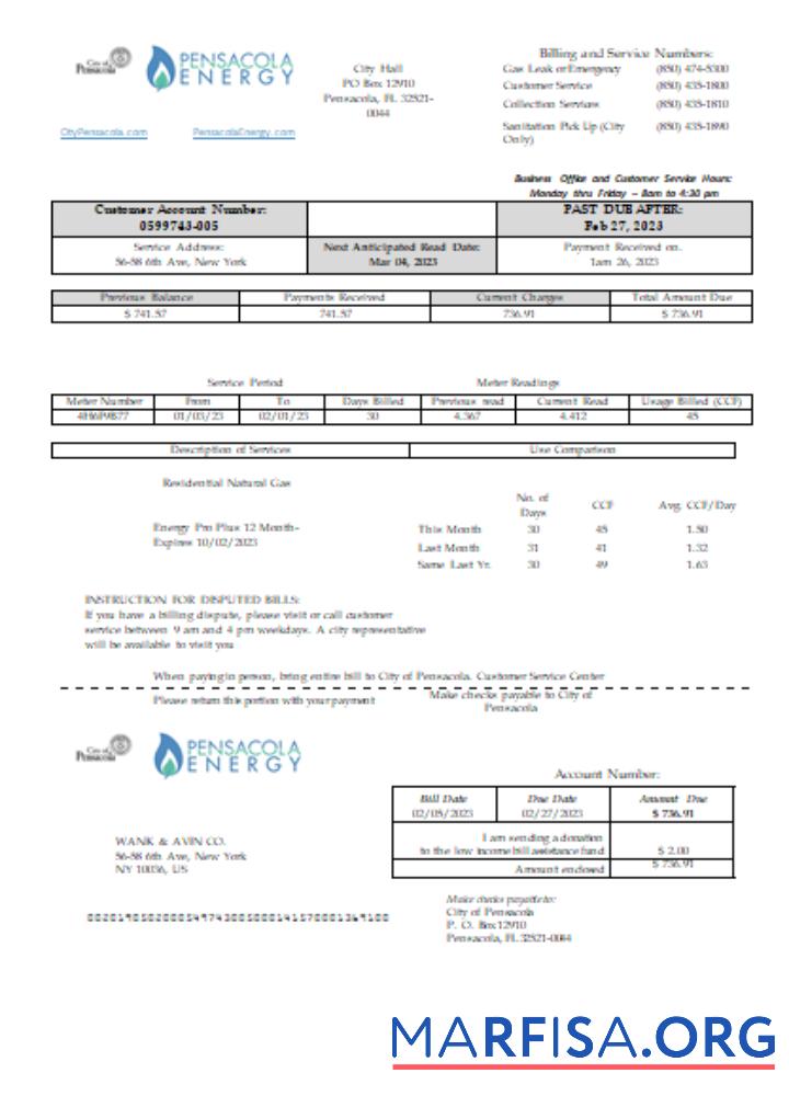 Downloadable Florida Pensacola Energy utility business bill, SCR download for verification